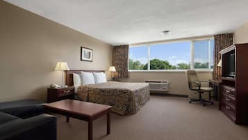 Habitación de hotel con cama, escritorio, silla, televisor y ventana con vista a árboles.