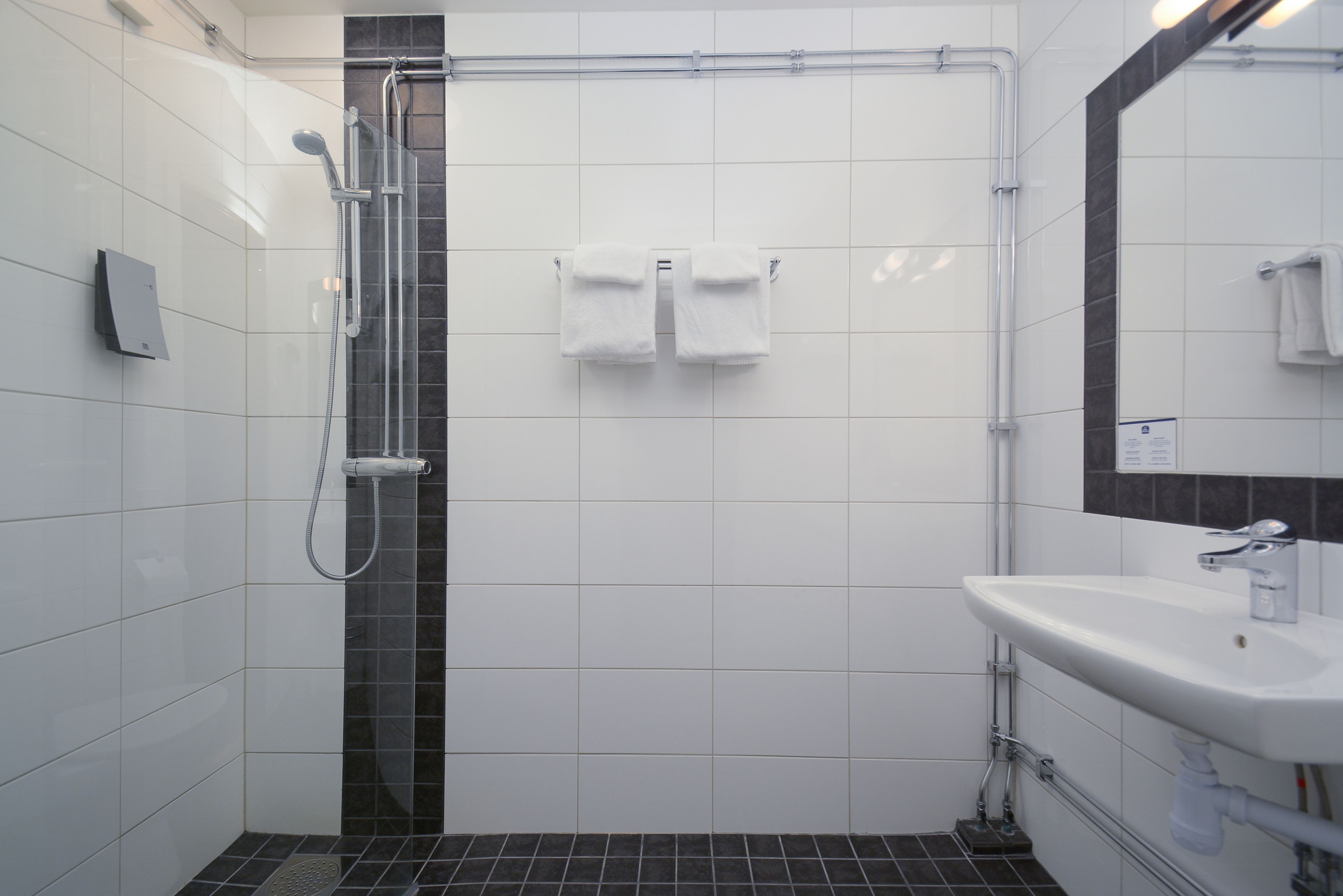 A modern bathroom with a shower, a sink, and a mirror.