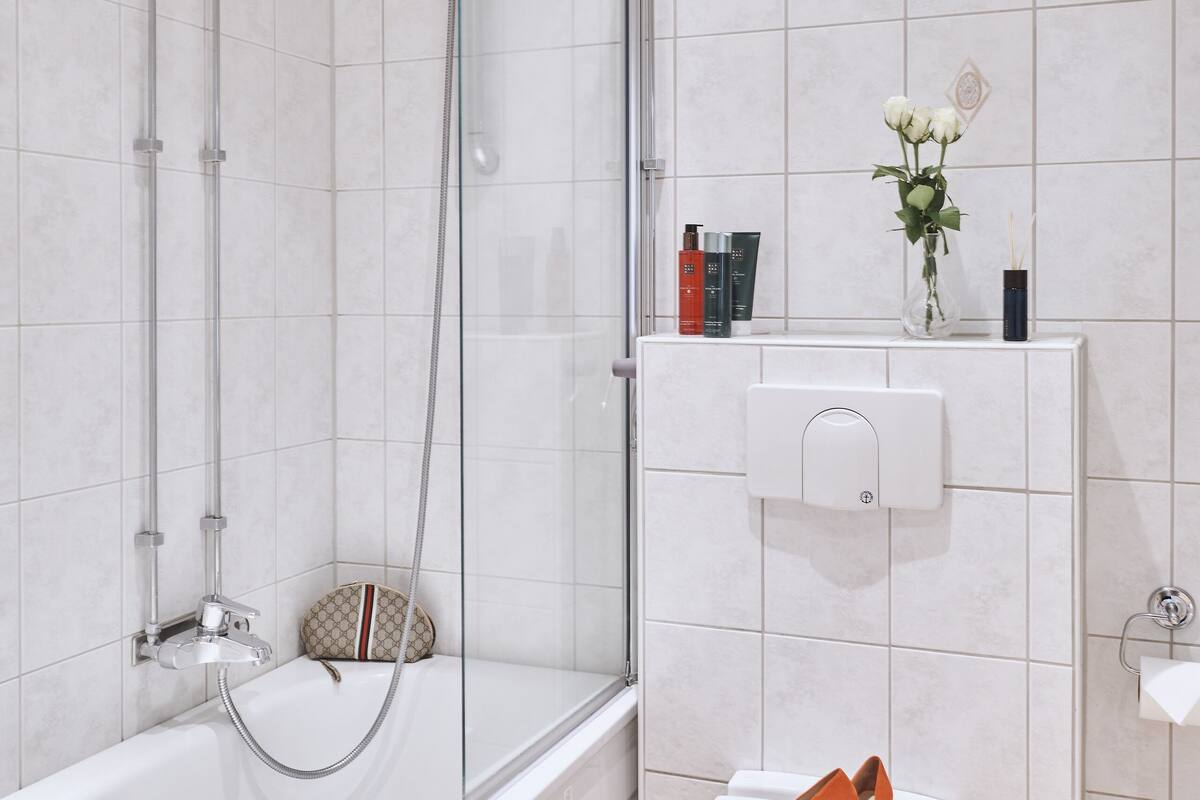 hair dryer, towels, toilet paper