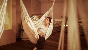 A room with a hammock bed, a potted plant, and a wooden floor. - Quality Hotel Carlia (Uddevalla)