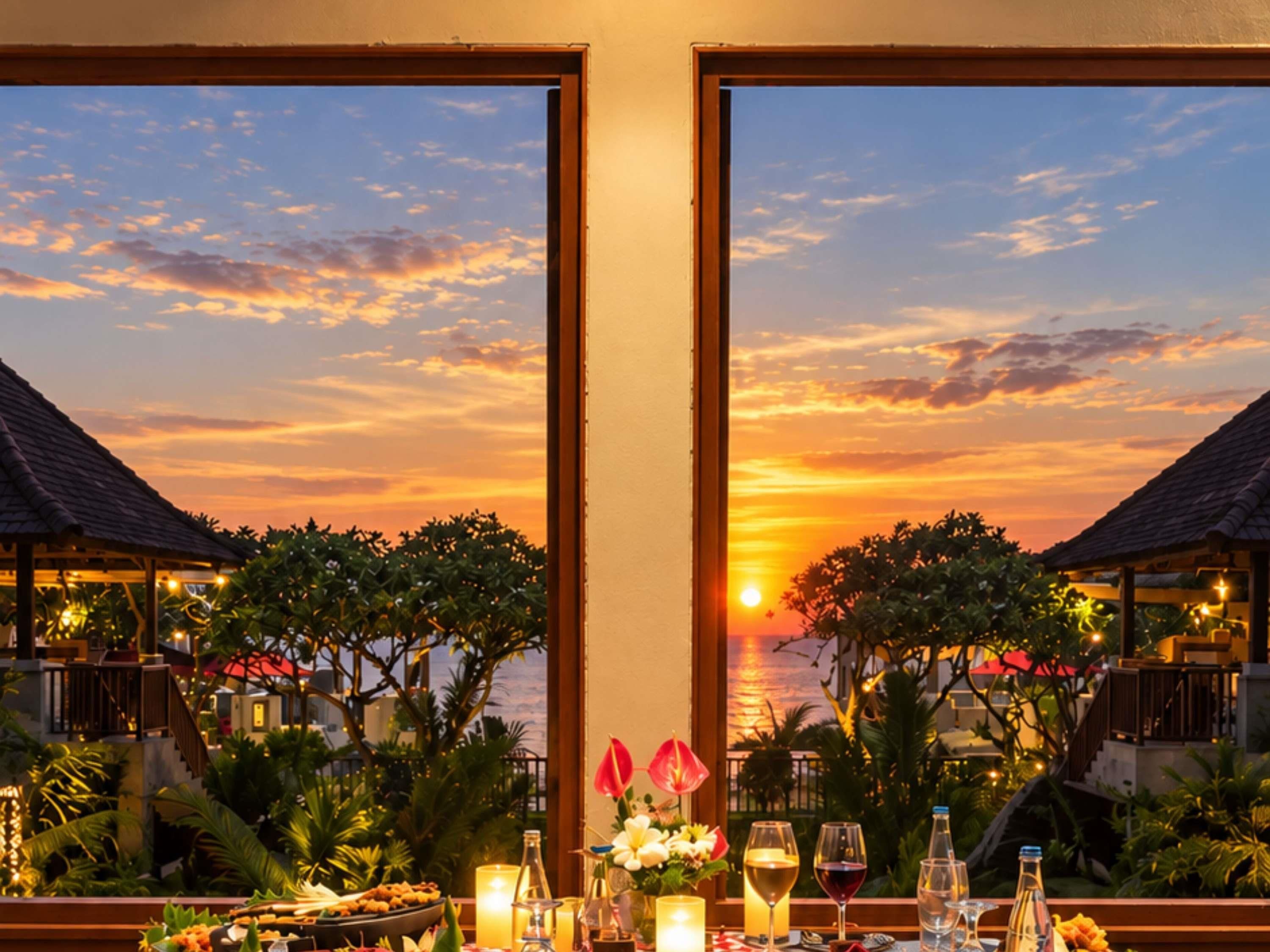 A sunset view from a dining area with a table set for two, overlooking a tropical landscape with a pool and lounge area.