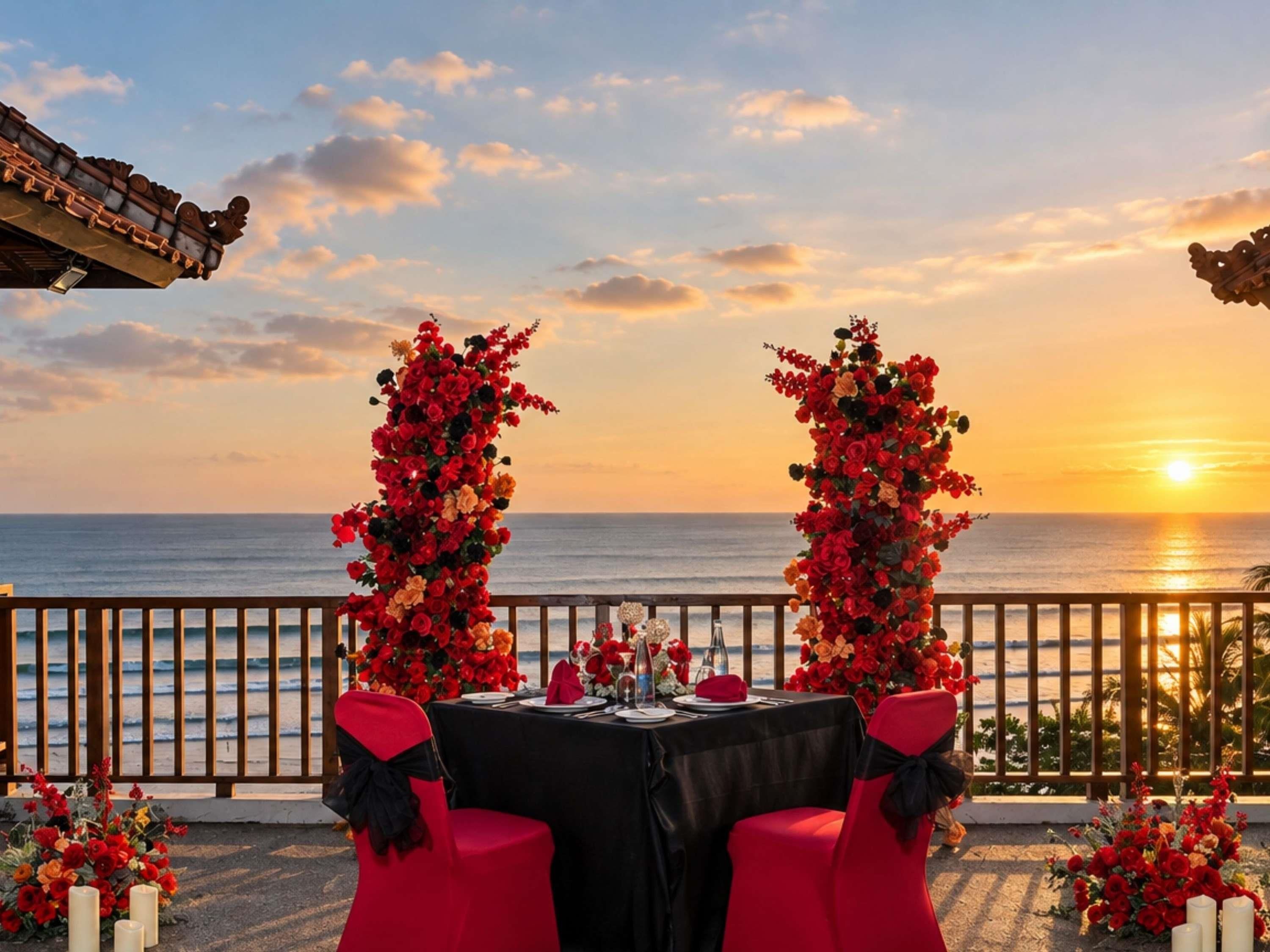 A table set for two with a view of the ocean at sunset, decorated with red flowers and candles.