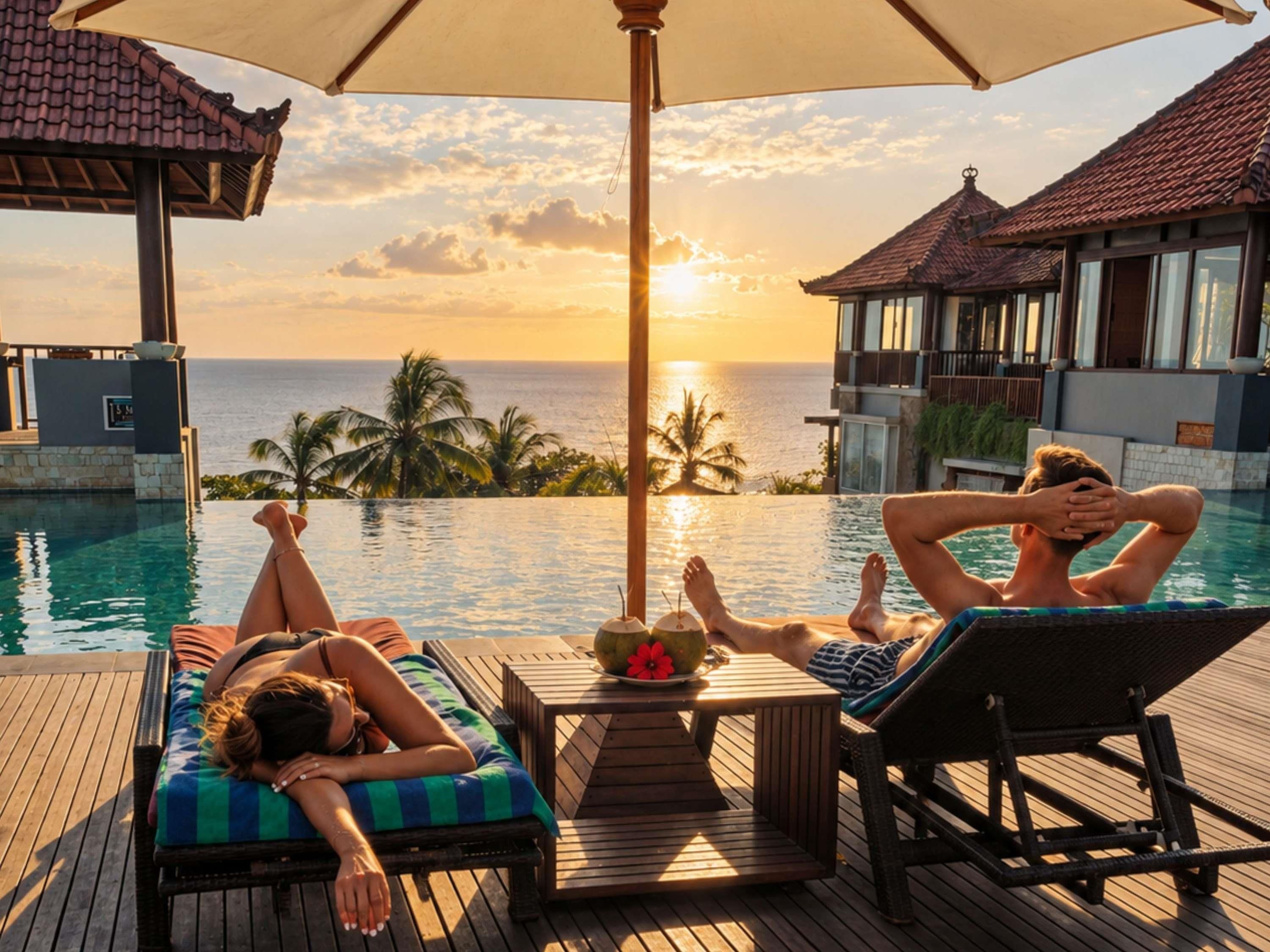 A couple relaxing by a pool with a sunset view, wooden deck, and tropical plants.
