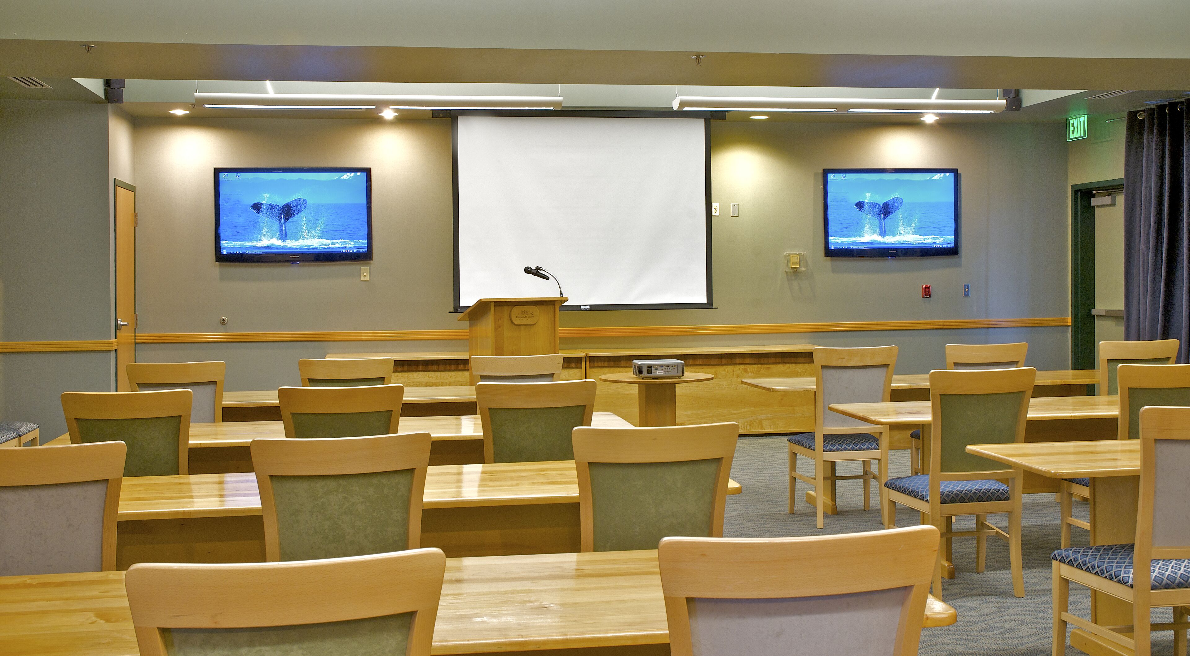 Un salón de conferencias con mesas y sillas de madera, un atril y dos pantallas mostrando imágenes de aletas de ballena.