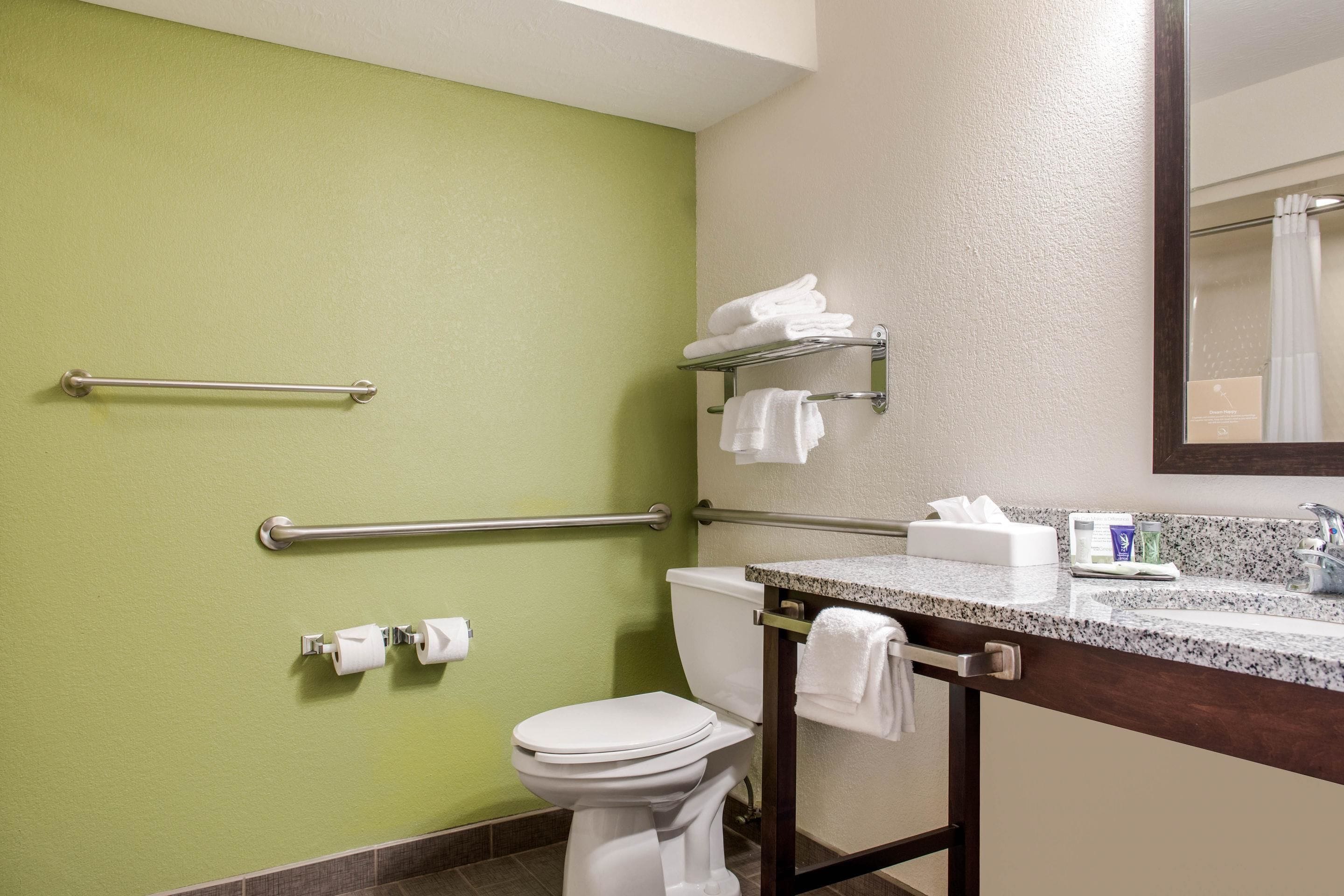 A bathroom with a green wall, a white toilet, a sink with a marble countertop, and a mirror above the sink.