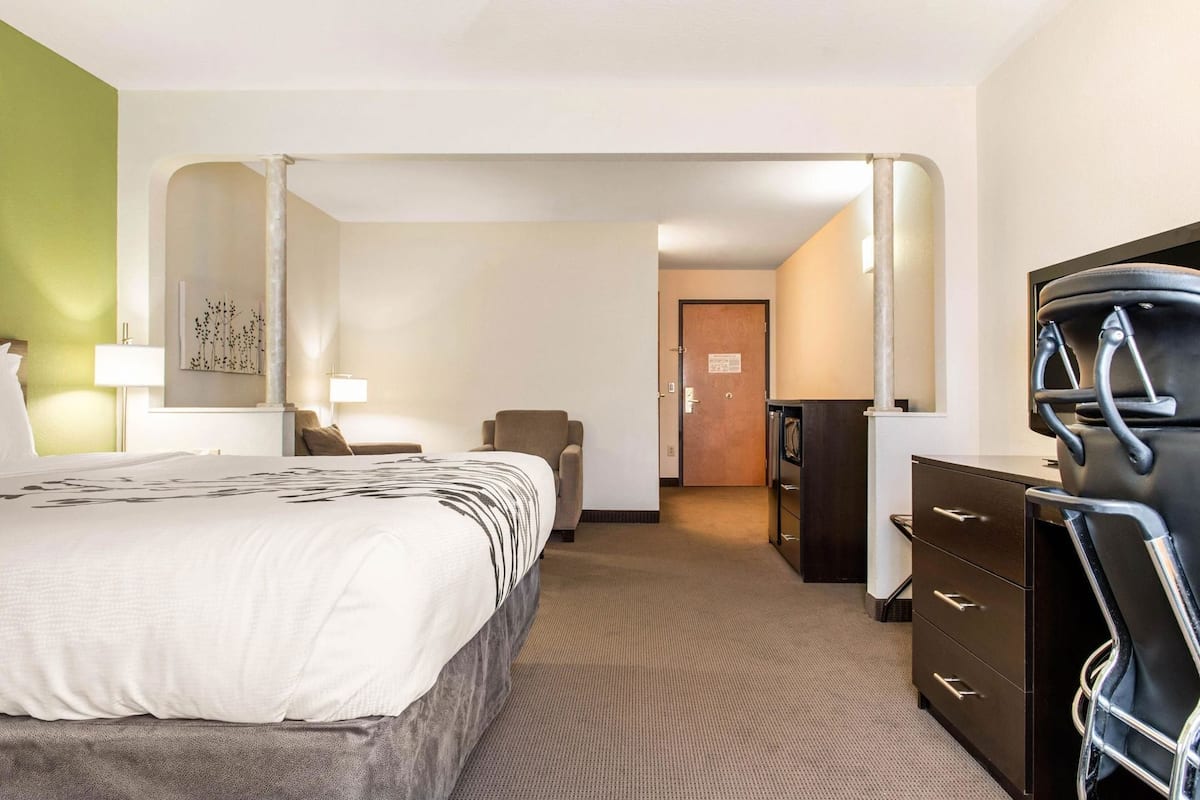 Une chambre d’hôtel comprenant un lit, un bureau, une chaise, une commode et un miroir.