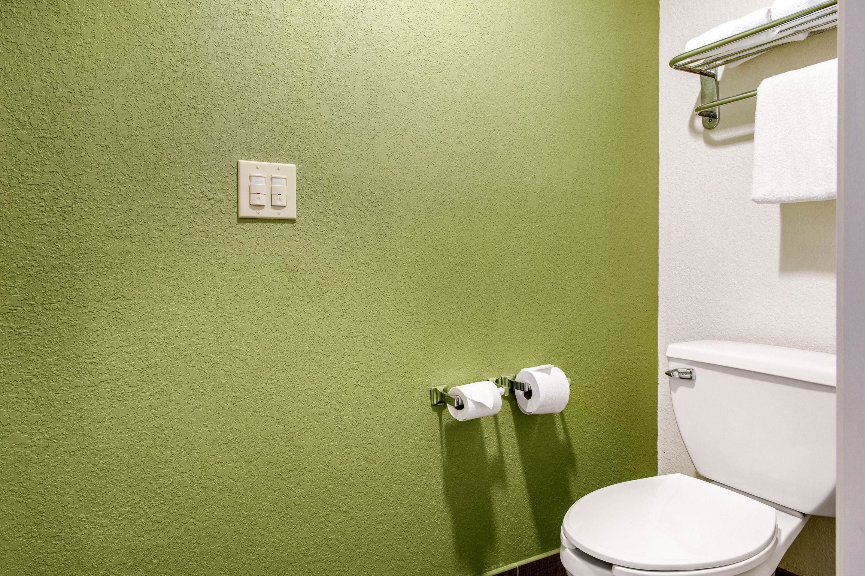 A bathroom with a green wall, a white toilet, and two rolls of toilet paper mounted on the wall.