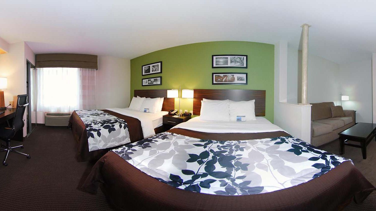 Una habitación de hotel con dos camas, un escritorio, una silla y un sofá.