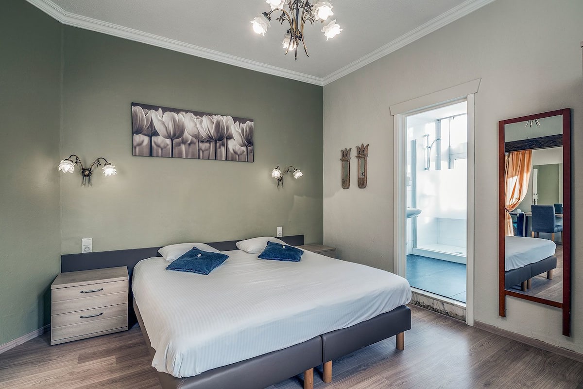 Een slaapkamer met een bed, nachtkastjes, een kroonluchter, een schilderij, een spiegel en een schuifdeur naar een balkon.