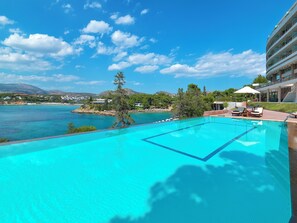 Innendørsbasseng, 2 utendørsbassenger og solsenger