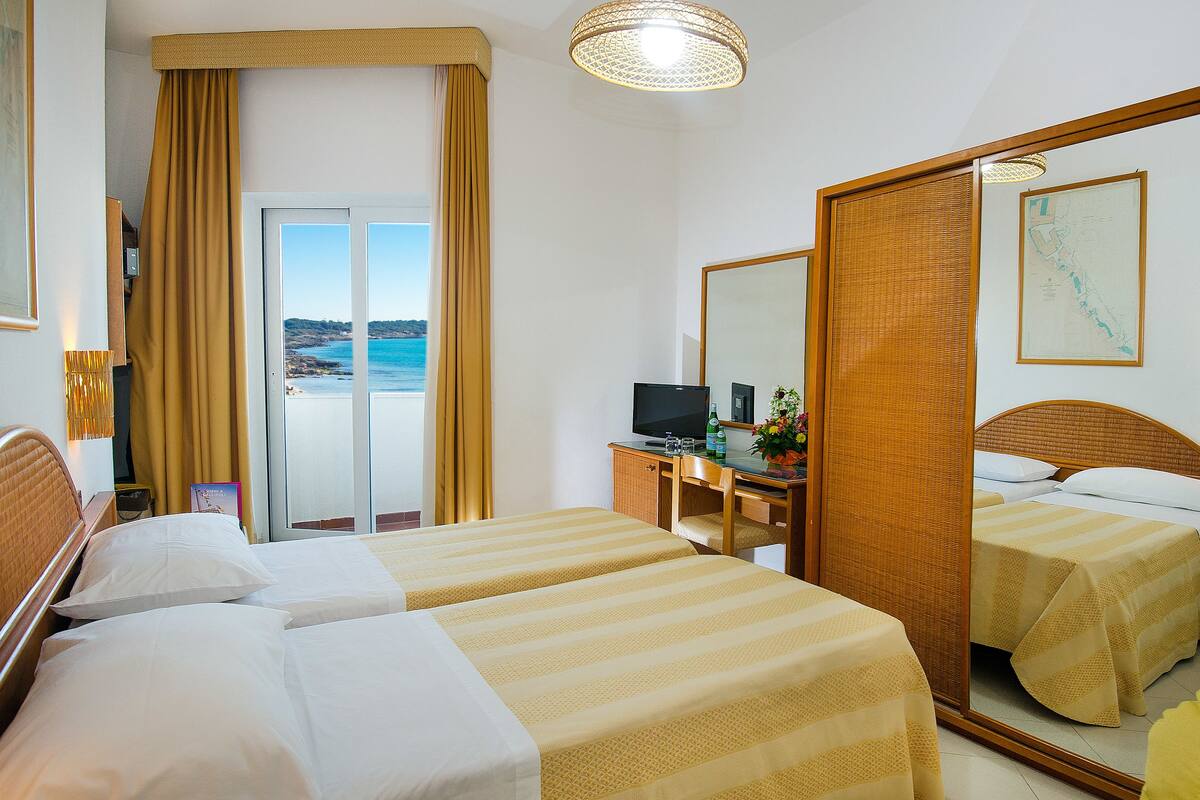 A hotel room with two beds, a desk with a computer, a television, and a large mirror.