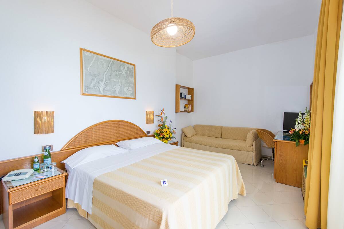 A hotel room with a bed, a desk, a sofa, and a dining table.