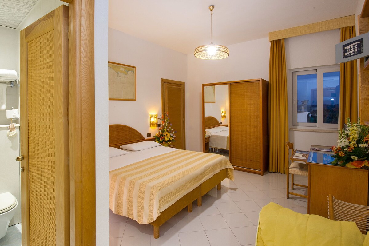 A hotel room with a bed, a desk, a chair, a bathroom, and a window with a view.