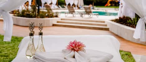 Seasonal outdoor pool, pool umbrellas, pool loungers