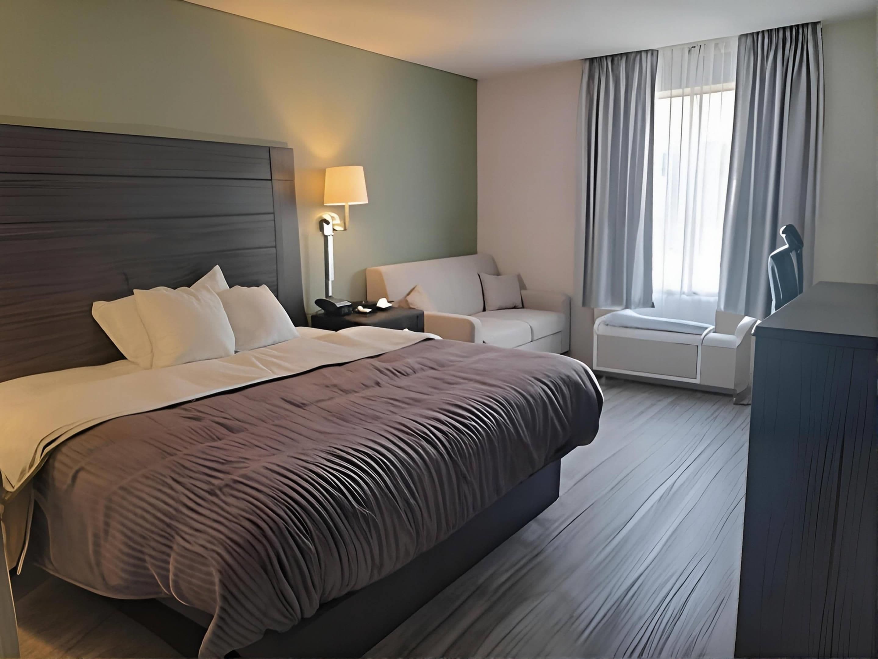 Habitación de hotel con una cama grande, un sofá, un escritorio y una ventana con cortinas.