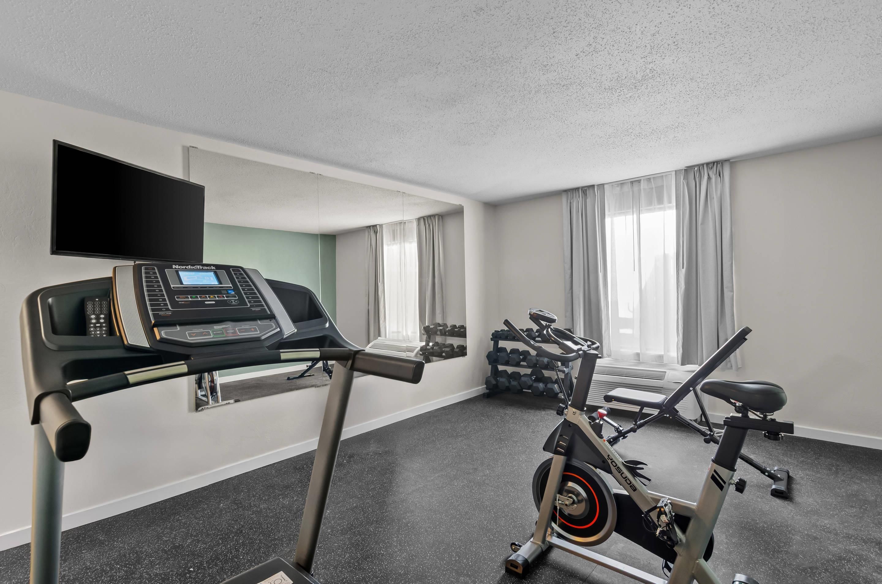A gym with a treadmill, an elliptical, a TV, and a rack of dumbbells.