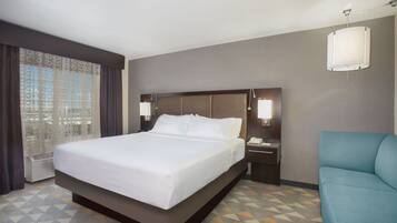 Desk, laptop workspace, blackout curtains, iron/ironing board