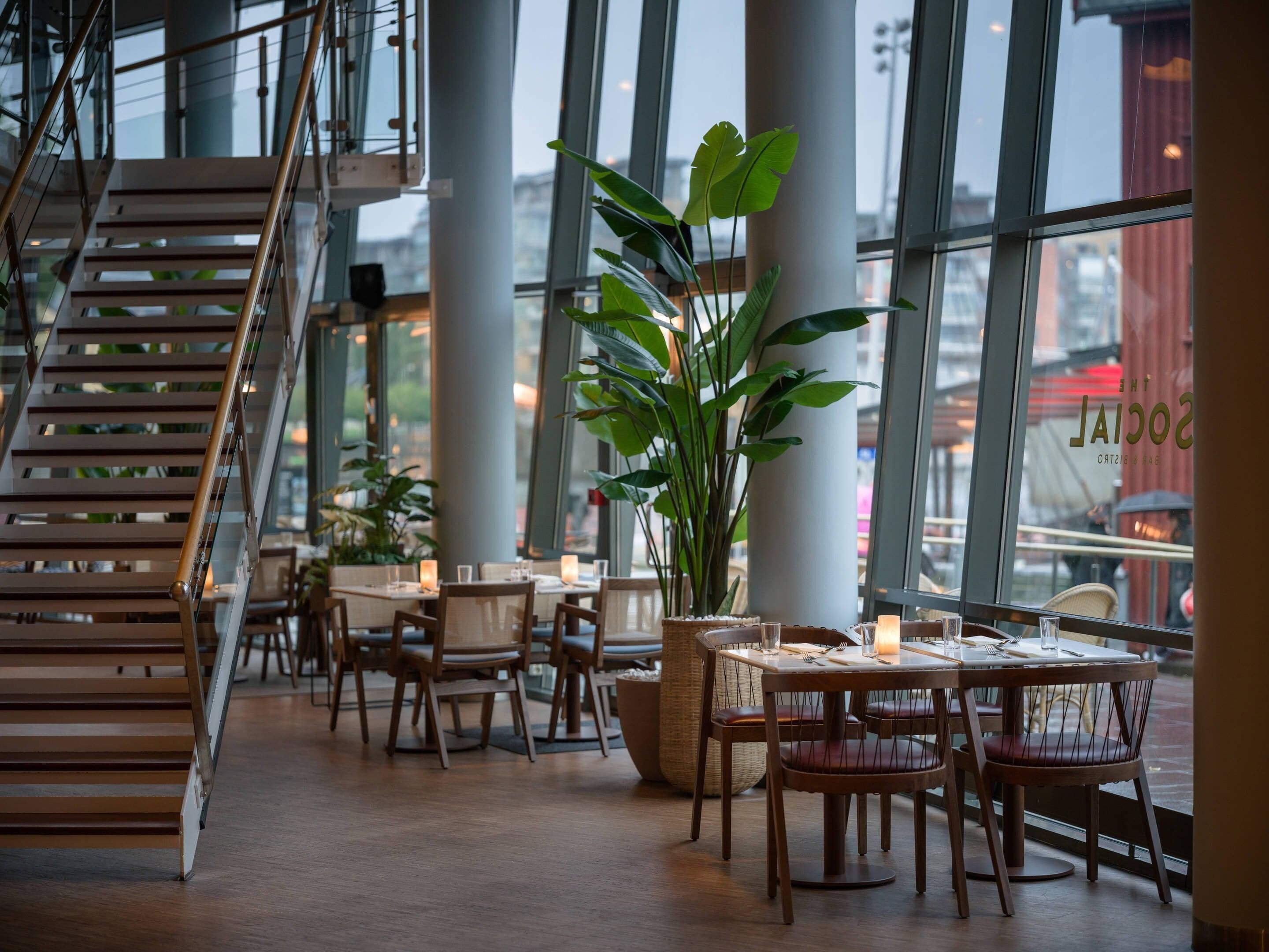 Un restaurante con una escalera, mesas, sillas y una planta grande.