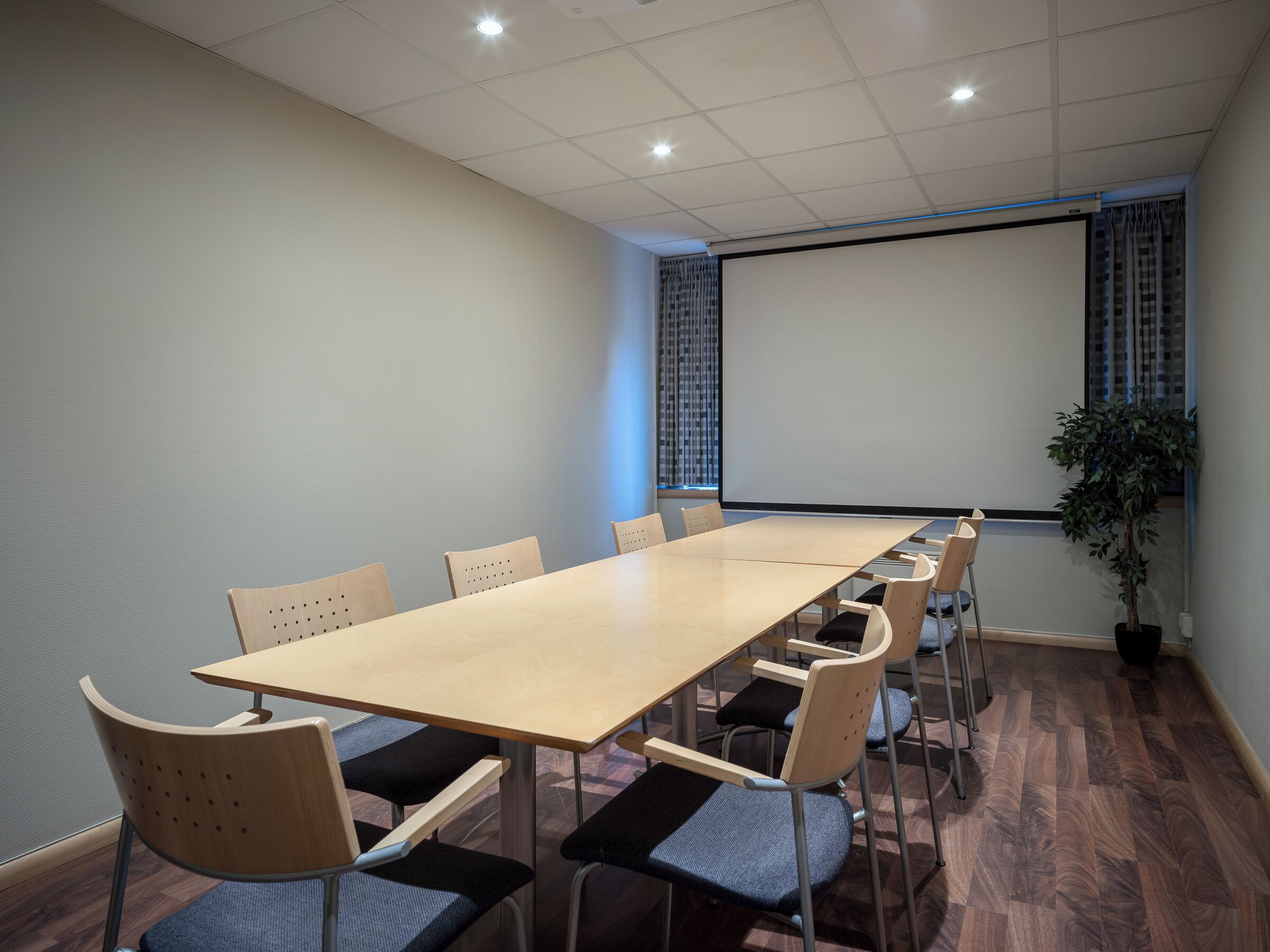 A conference room with a long table, chairs, a projector screen, and a potted plant.