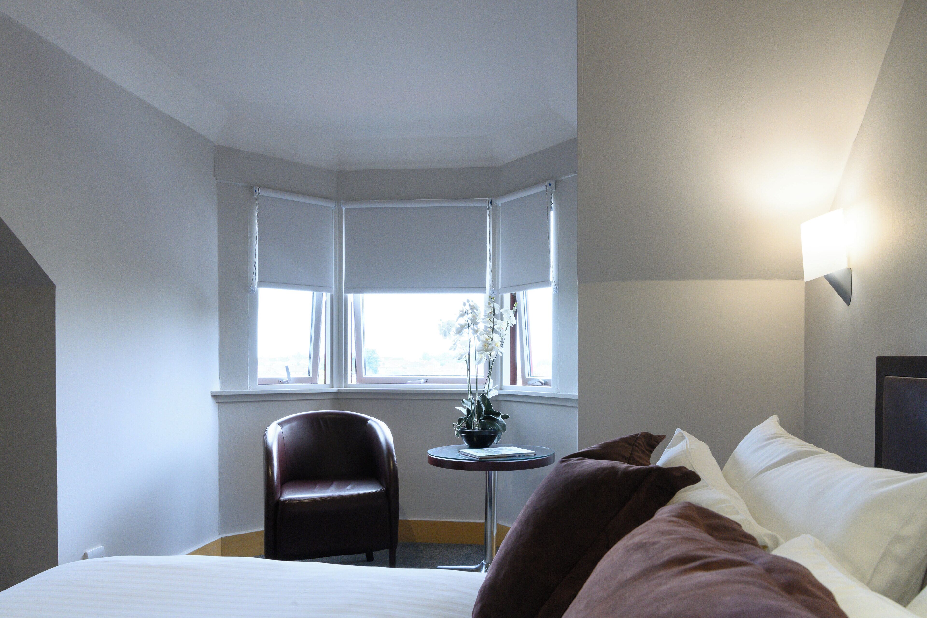 A hotel room with a bed, a chair, a small table with a plant, and a window with blinds.