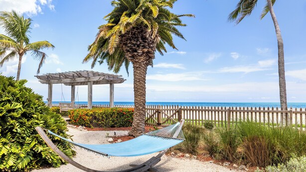 A hammock in a garden with a wooden pergola, palm trees, and a view of the ocean. - Hyatt Vacation Club at Windward Pointe, Key West (Key West)