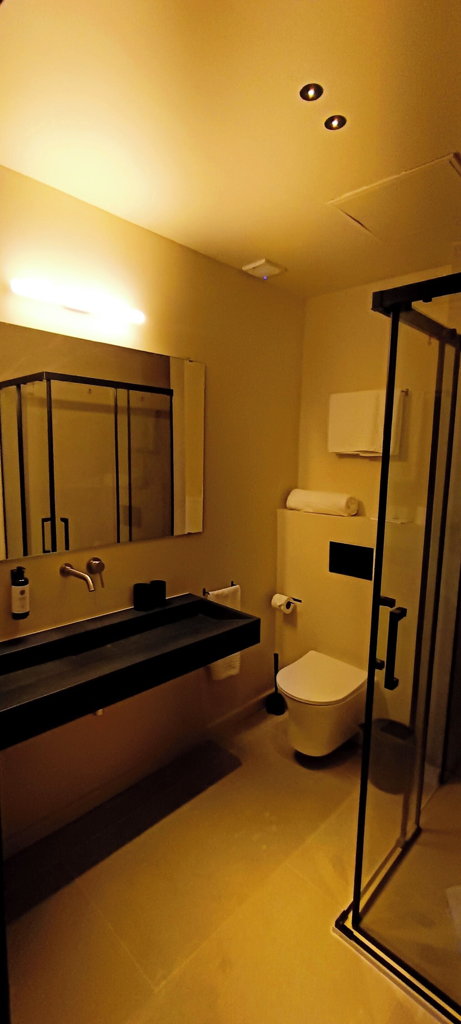 Un baño moderno con un lavabo negro, un espejo, un inodoro y una cabina de ducha de vidrio.