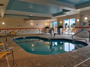 Indoor pool, open 10:00 AM to 9:00 PM, sun loungers