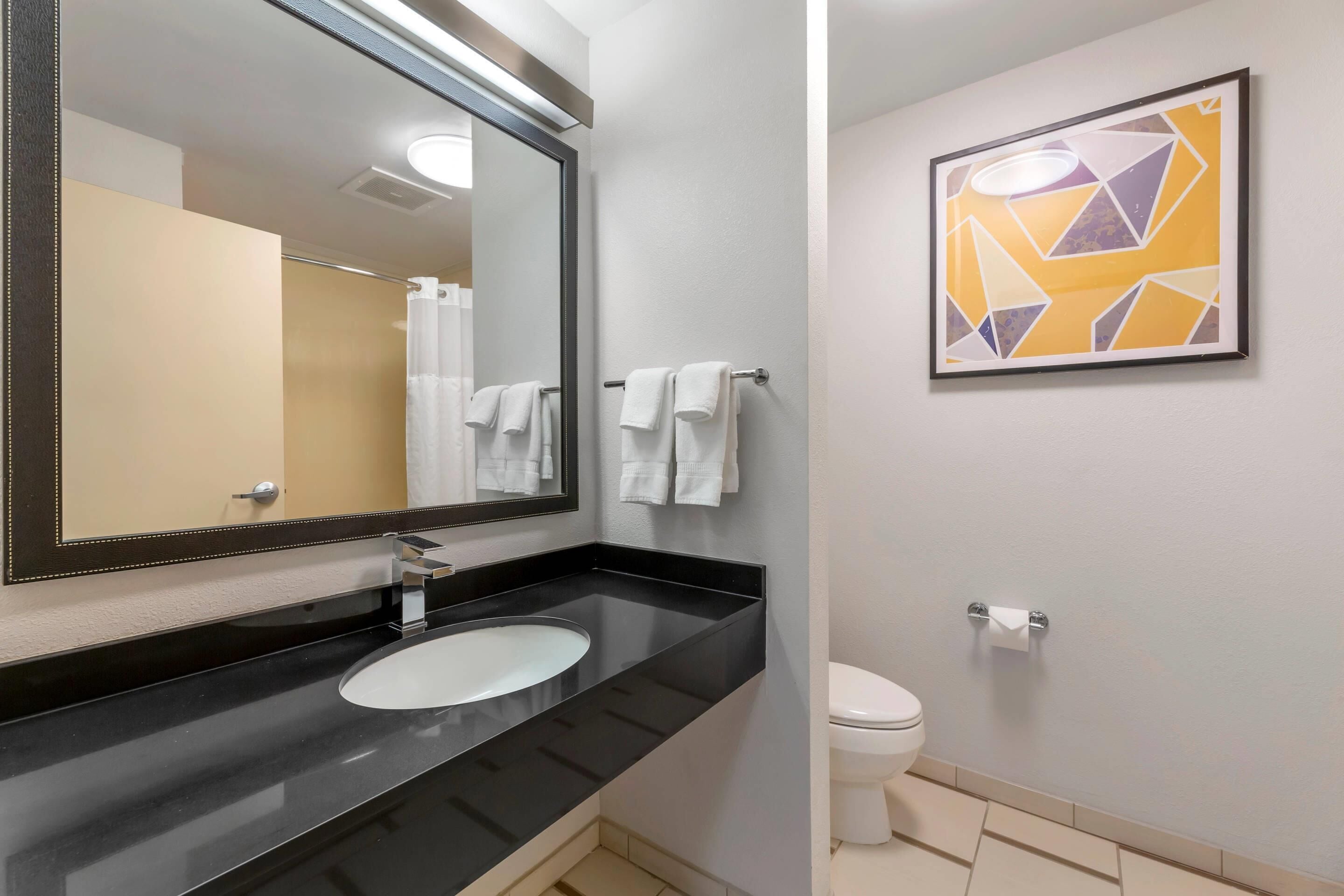 A modern bathroom with a black countertop, a white sink, a large mirror, and a toilet. There is a framed abstract art piece on the wall.
