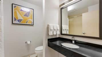 Un bagno moderno con un piano d'appoggio nero, un lavandino bianco, uno specchio grande e un water.
