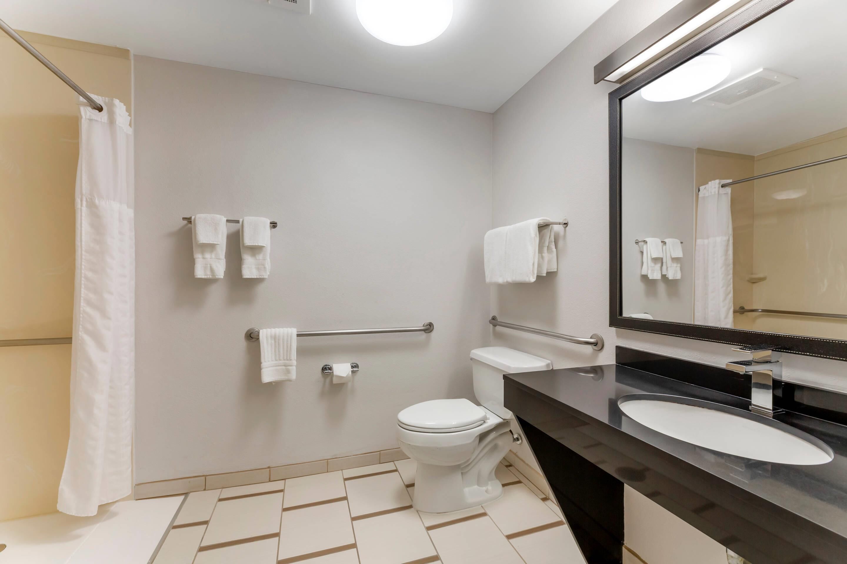 Un baño moderno con inodoro, lavabo y zona de ducha.