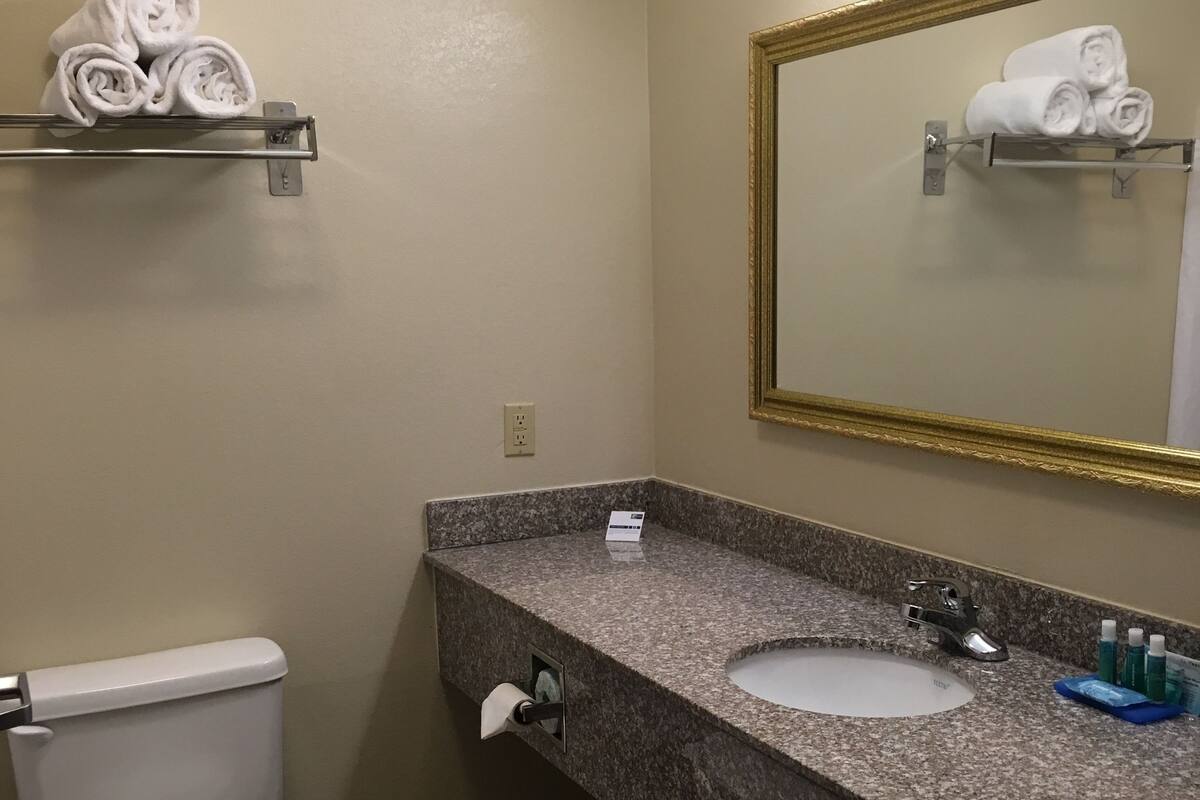A bathroom with a toilet, sink, and towel rack.