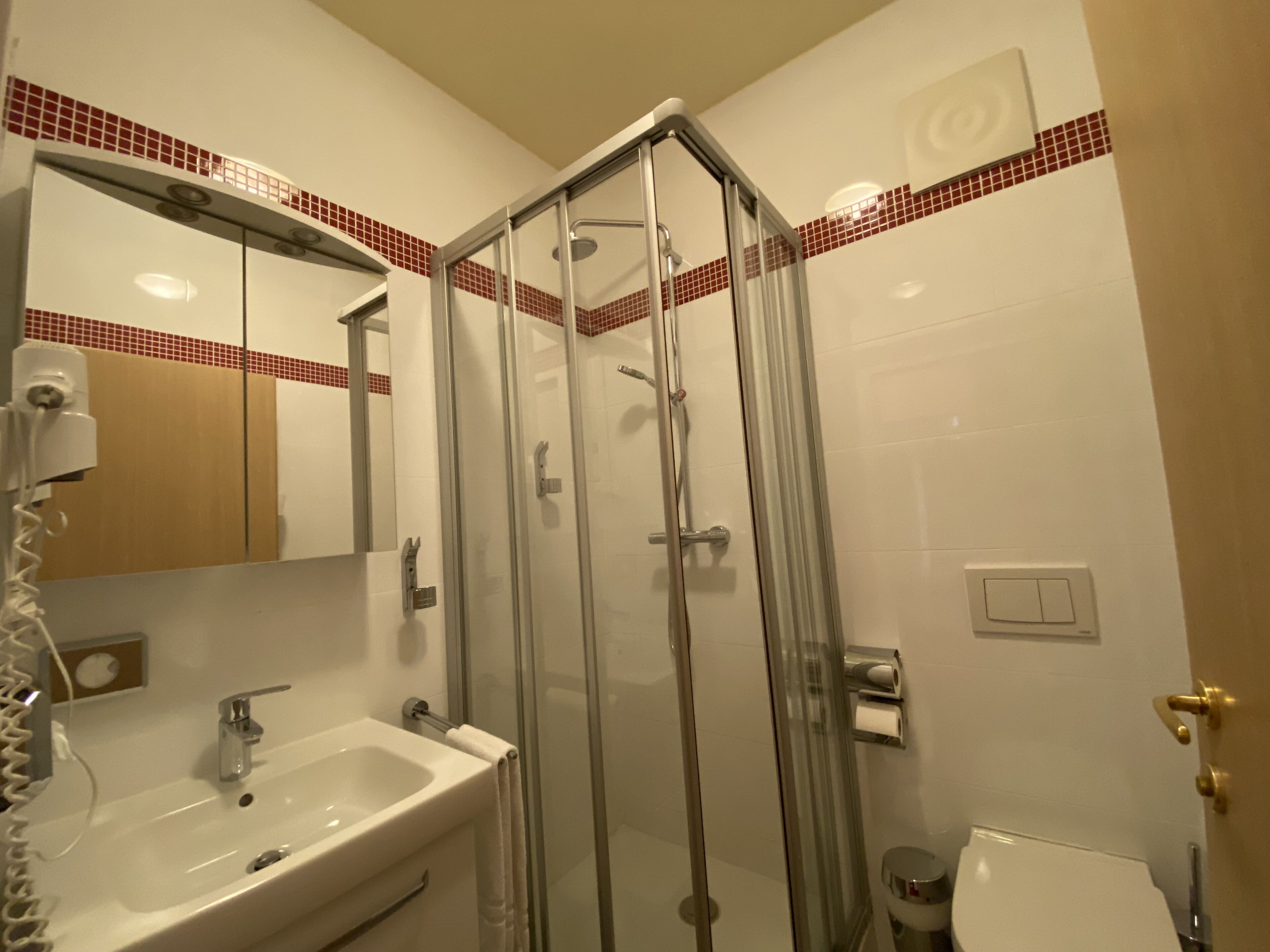 Une salle de bain avec une douche à parois de verre, un lavabo, des toilettes et un miroir.