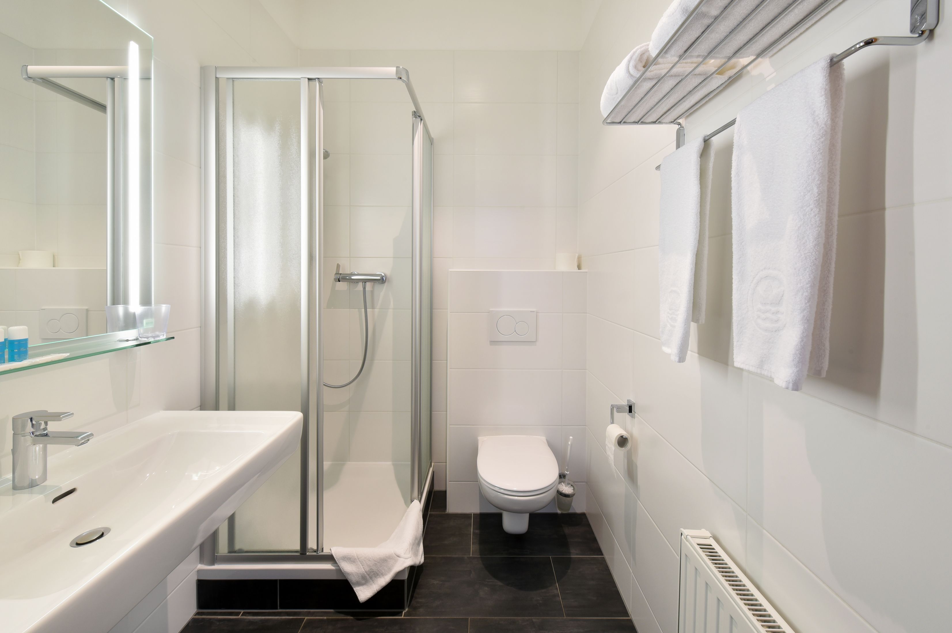 shower, free toiletries, hair dryer, towels