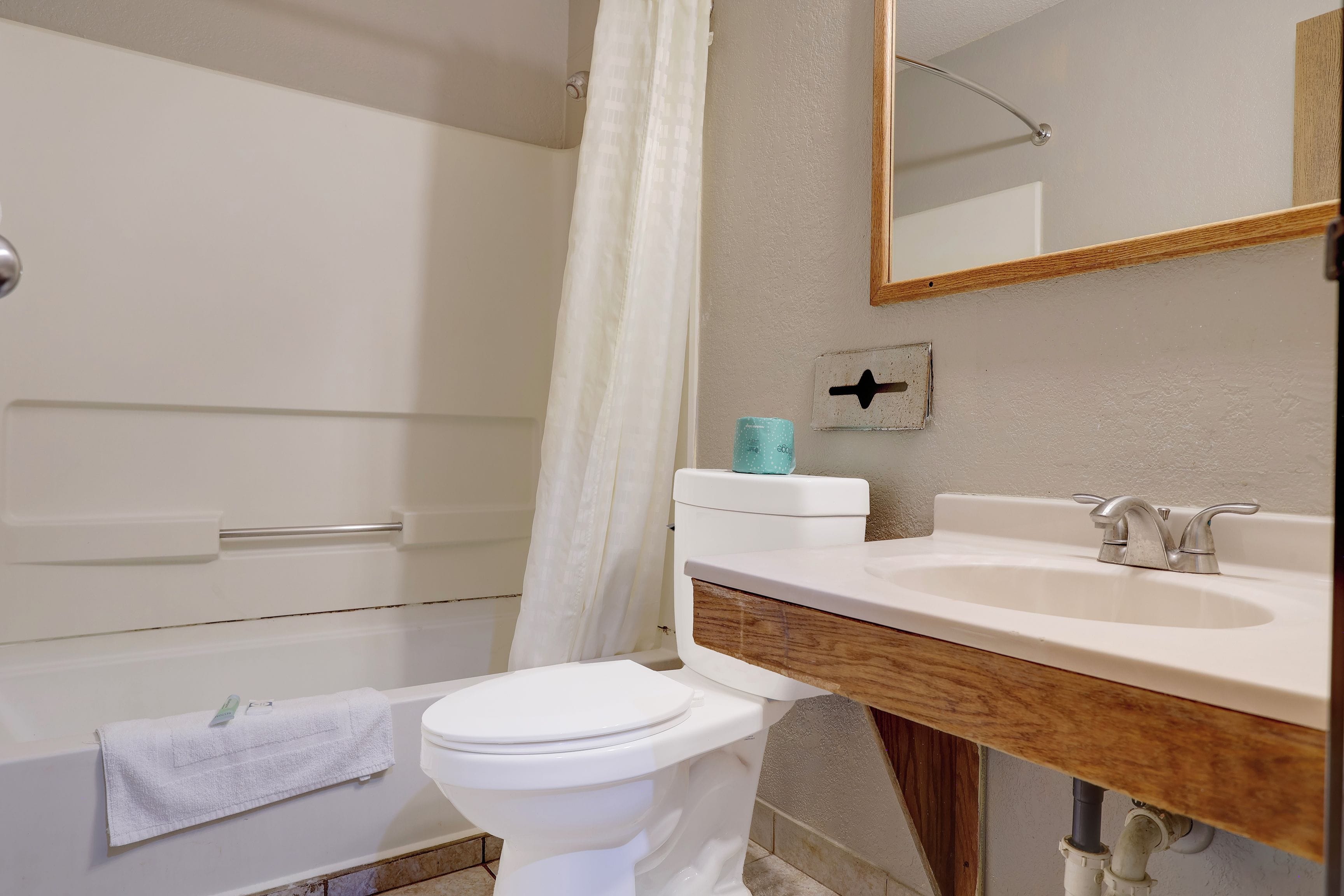 A bathroom with a white toilet, a sink with a wooden countertop, a mirror, and a shower curtain.