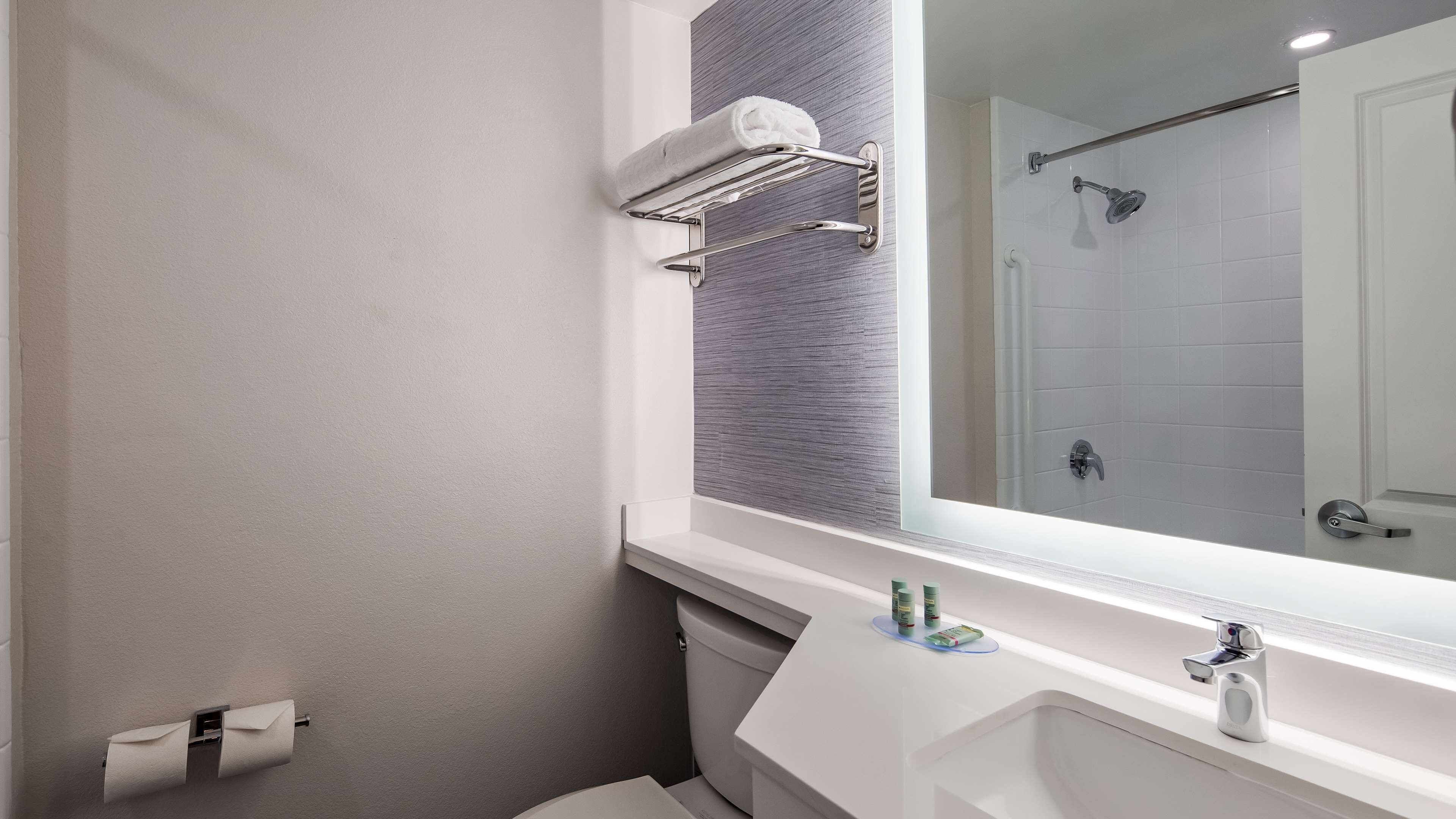 combined shower/bathtub, free toiletries, hair dryer, towels