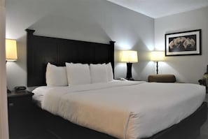 A hotel room with a large bed, two bedside tables, a nightstand, a wall-mounted lamp, and a framed picture.