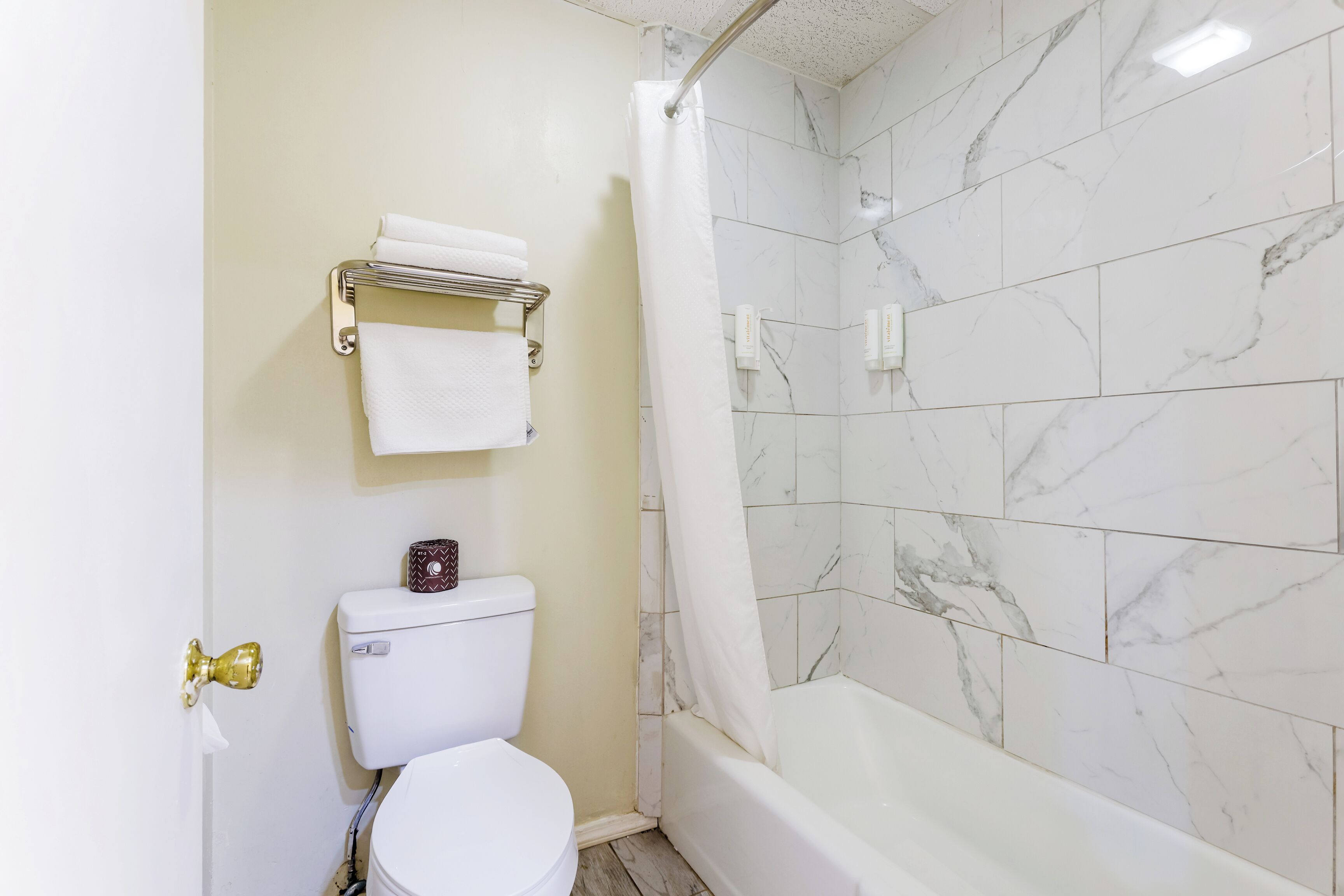 A bathroom with a toilet, a bathtub, and a shower curtain.