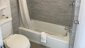 A modern bathroom with a shower, toilet, and bathtub.