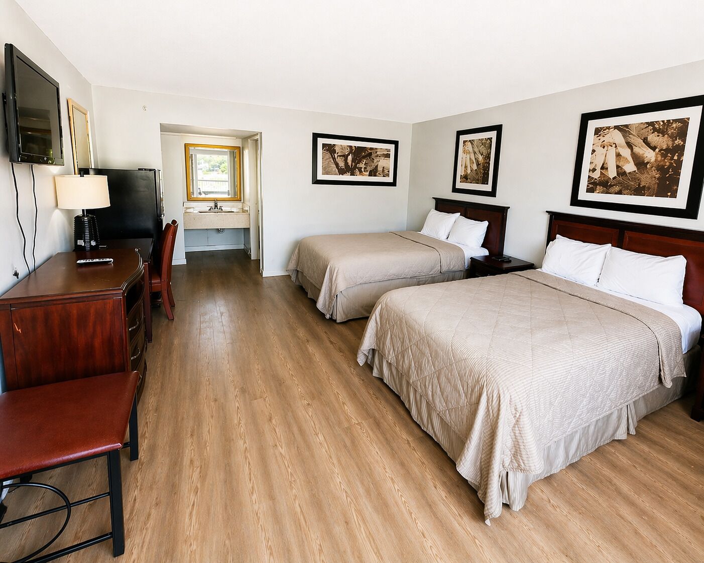 Desk, blackout drapes, soundproofing, iron/ironing board