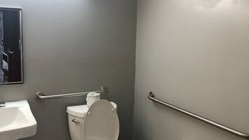 A small, modern bathroom with a toilet, sink, and handrails.