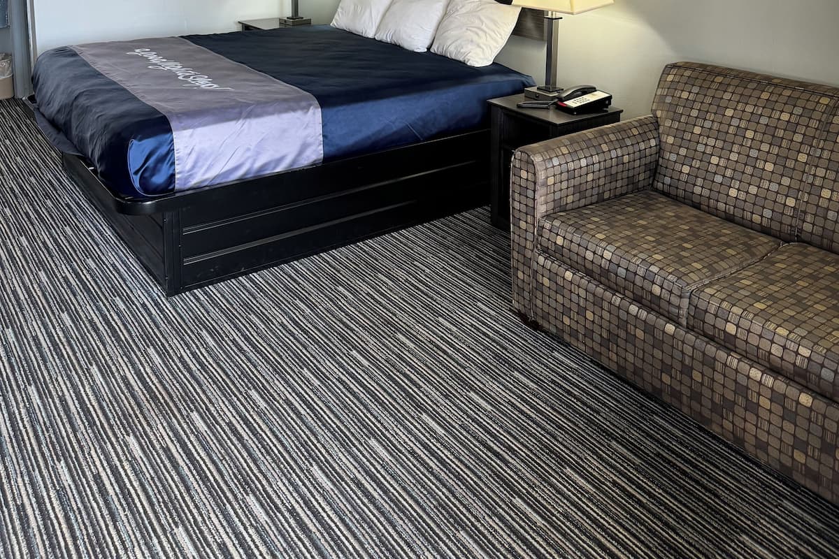 A hotel room with a bed, two bedside lamps, a sofa, and a carpeted floor.