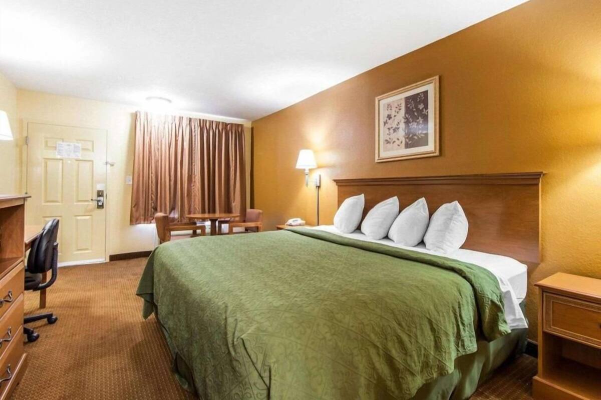 Une chambre d’hôtel avec un lit, un bureau, une chaise, une lampe et un tableau au mur.