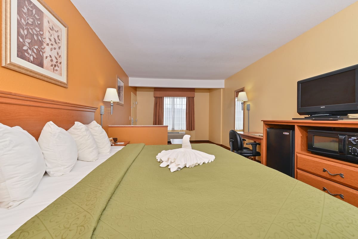 Une chambre d’hôtel dotée d’un grand lit, d’une télévision à écran plat, d’un four à micro-ondes et d’un bureau avec une chaise.