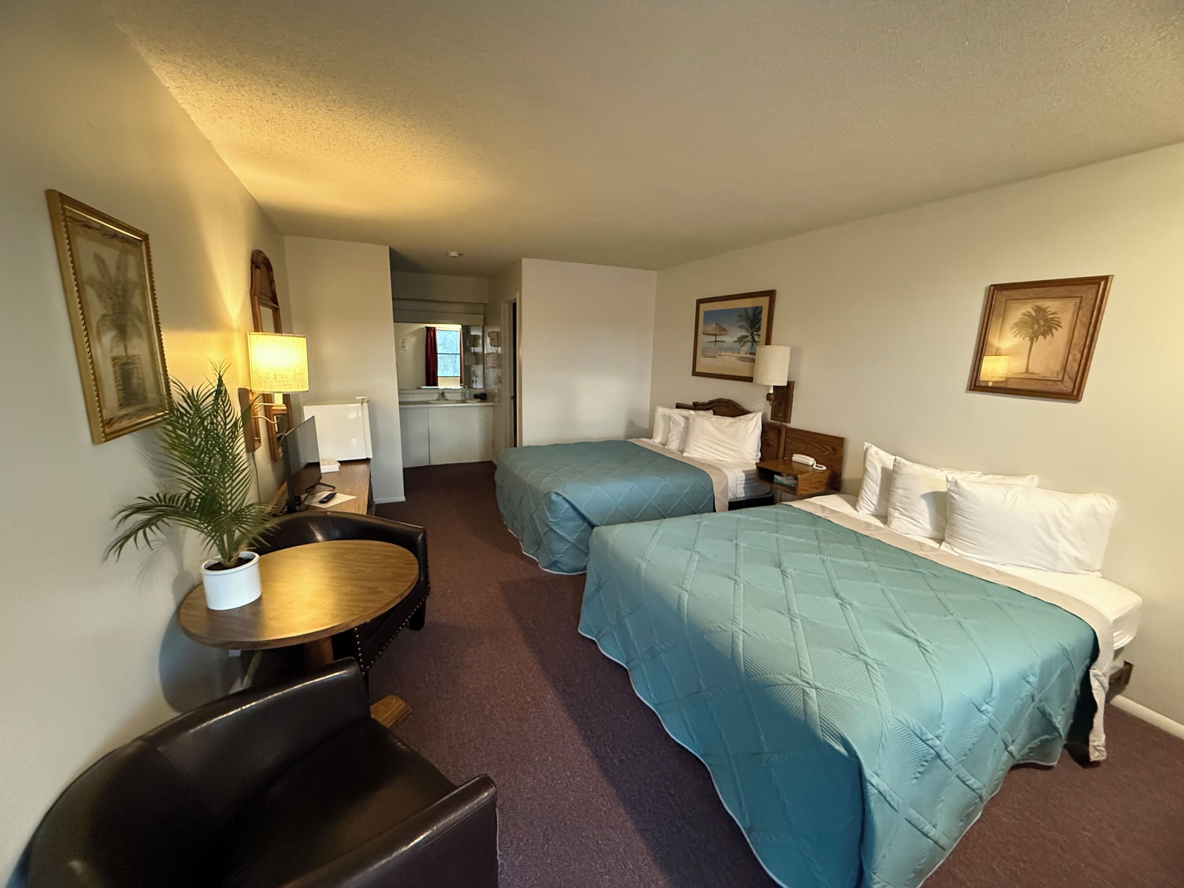 A hotel room with two beds, a desk, a chair, a small table, a potted plant, and a kitchenette in the background.