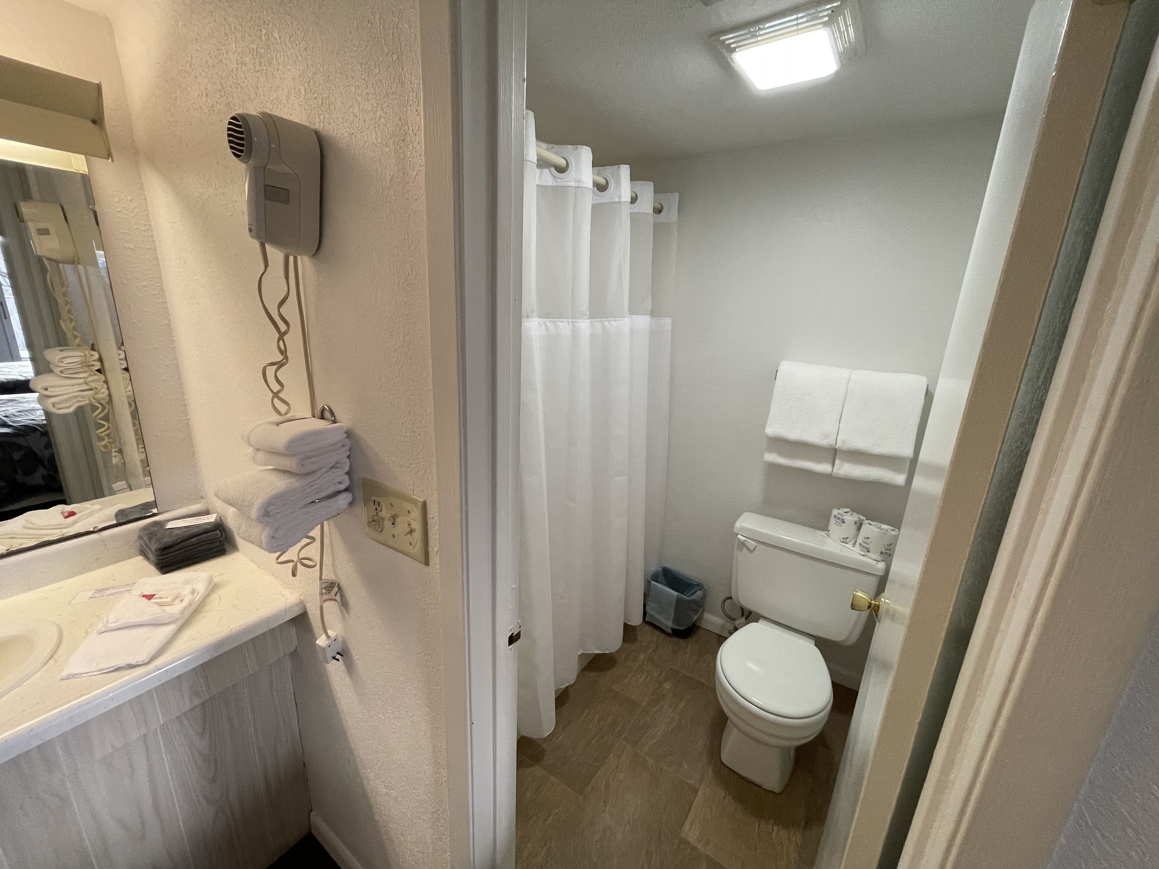 A bathroom with a toilet, a sink with a hairdryer, and a shower curtain.