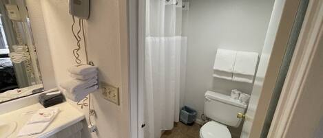 A bathroom with a toilet, a sink with a hairdryer, and a shower curtain.
