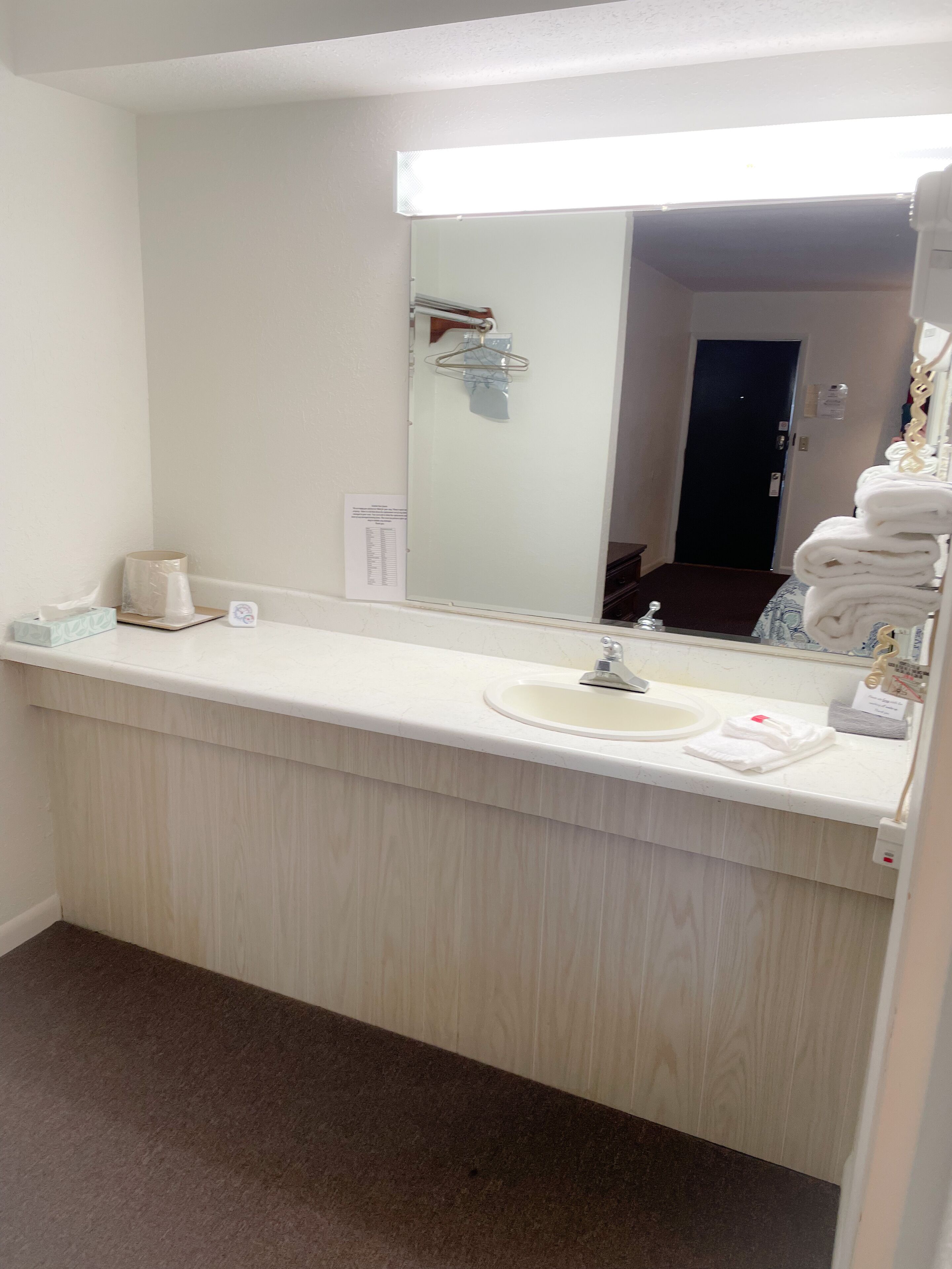 A hotel bathroom with a sink, mirror, towel rack, and a door in the background.