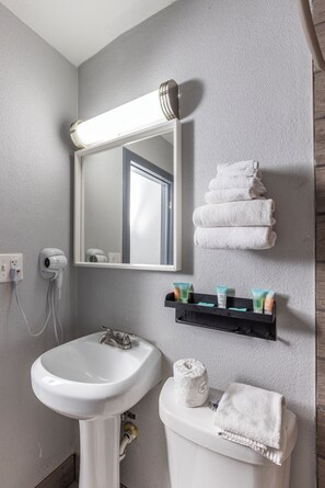 Premium-Zimmer, 1 King-Bett | Badezimmer | Kostenlose Toilettenartikel, Haartrockner, Handtücher, Seife