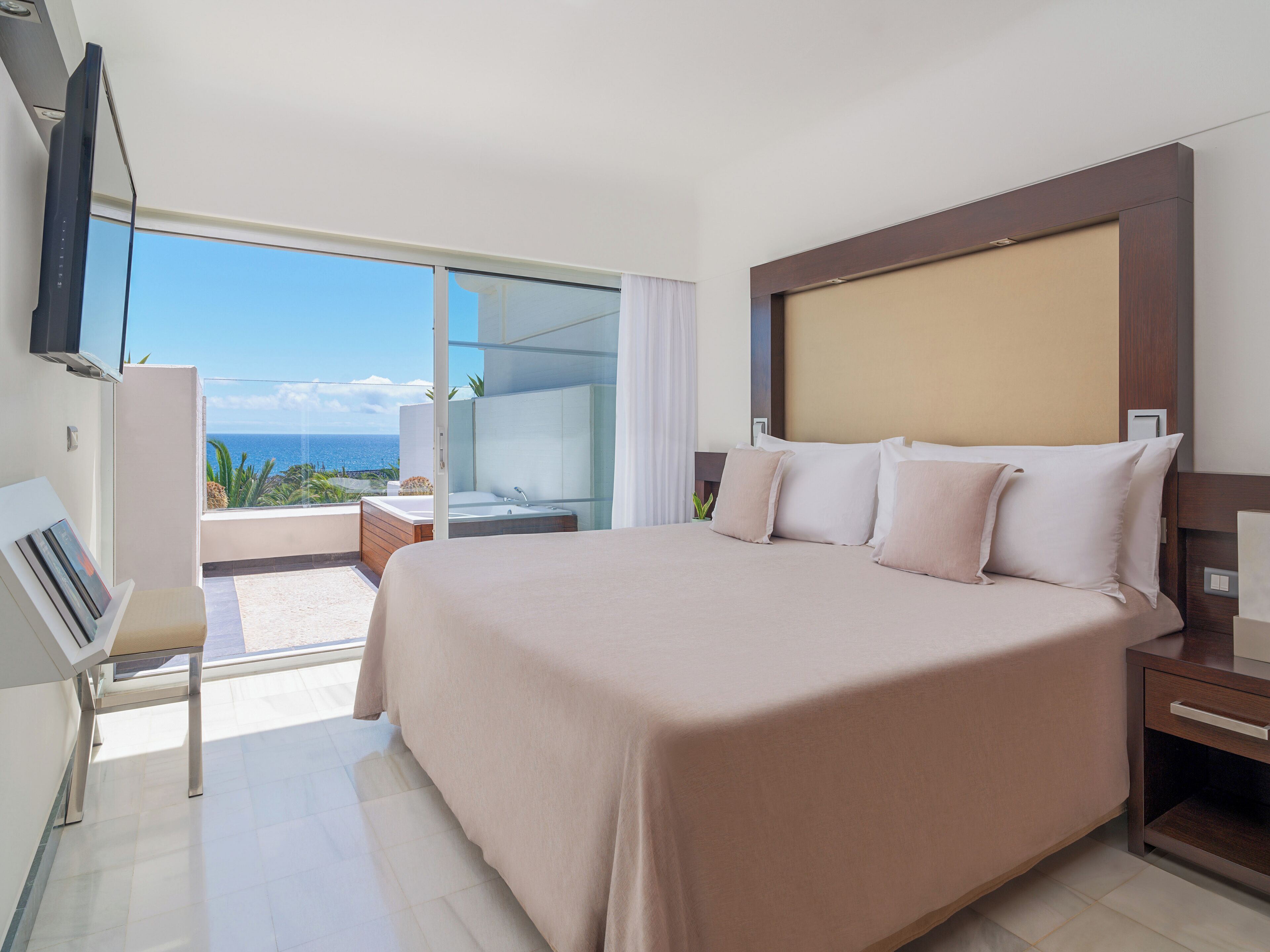 A hotel room with a large bed, a TV mounted on the wall, a balcony with a view of the ocean, and a small table with a plant.