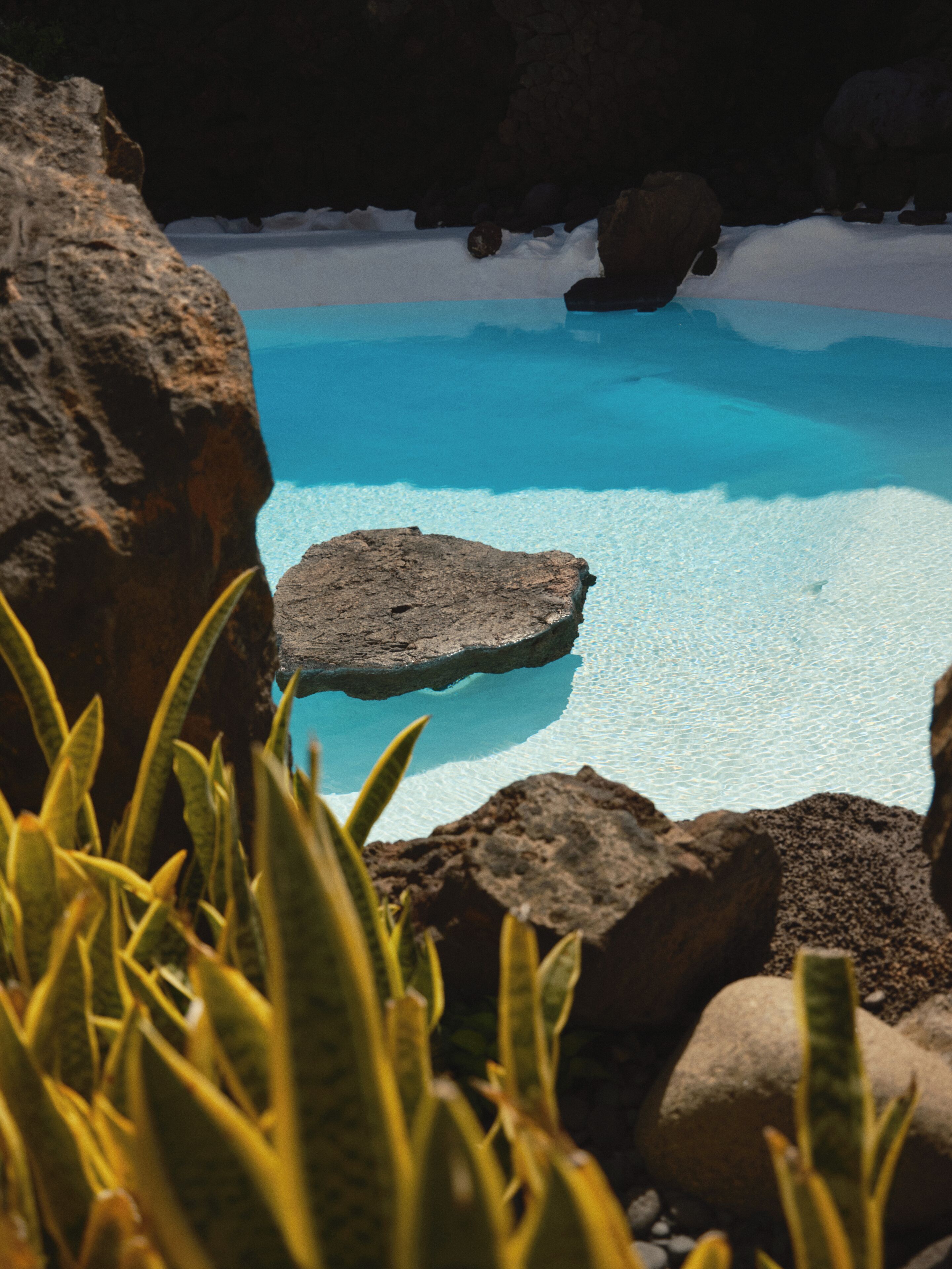 Una piscina azul cristalina rodeada de rocas y plantas.